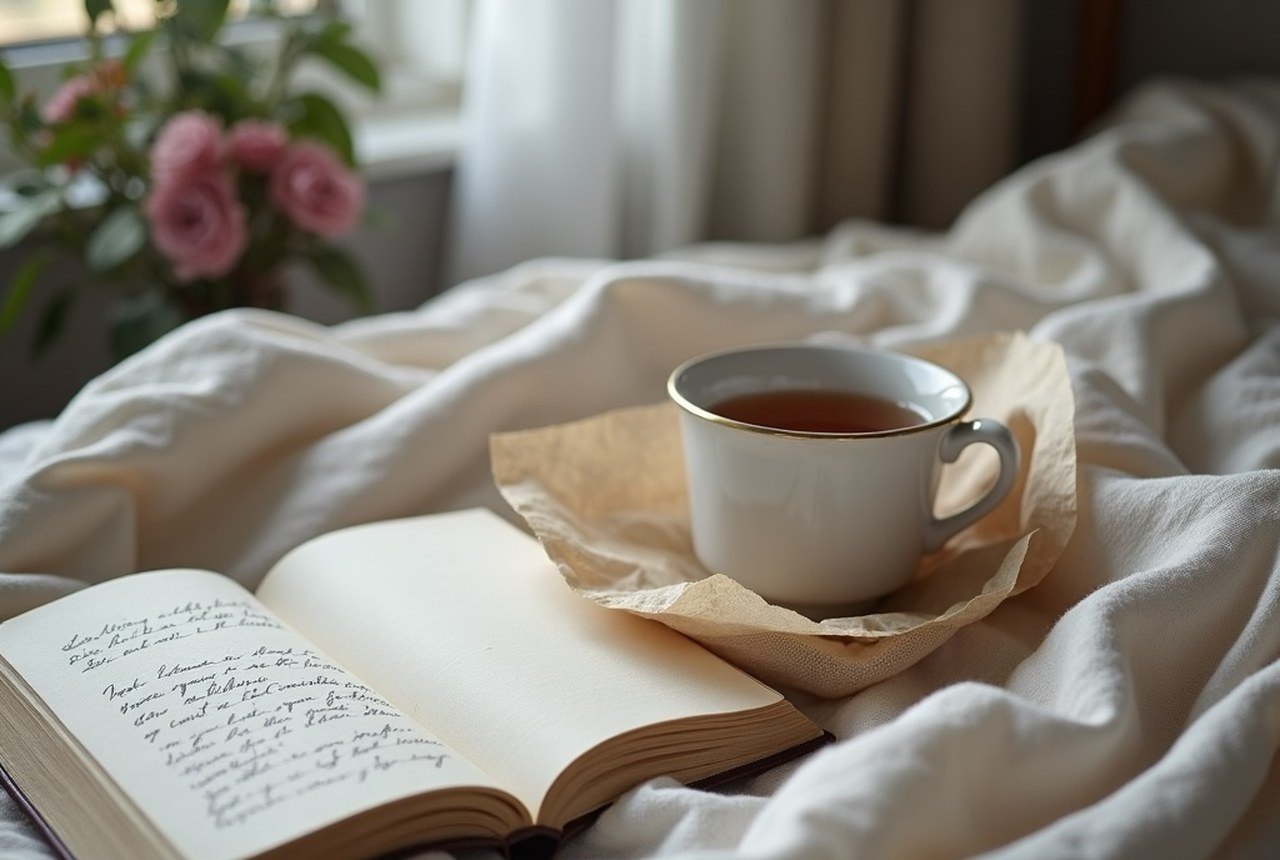 A cup of tea going cold beside a crumpled tissue and an open journal, grey morning light