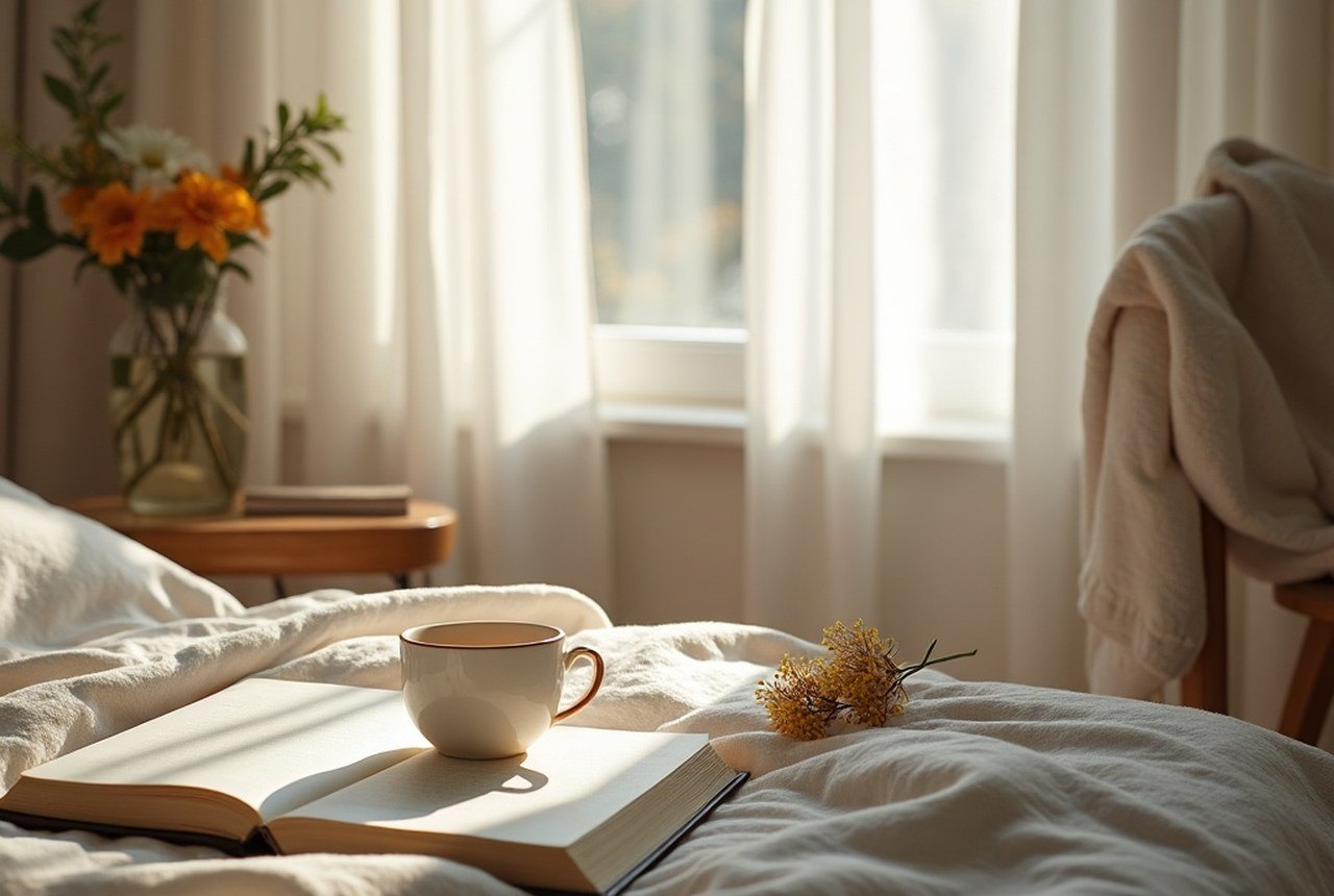 Soft linen sheets and morning light through a curtain, a robe over a chair