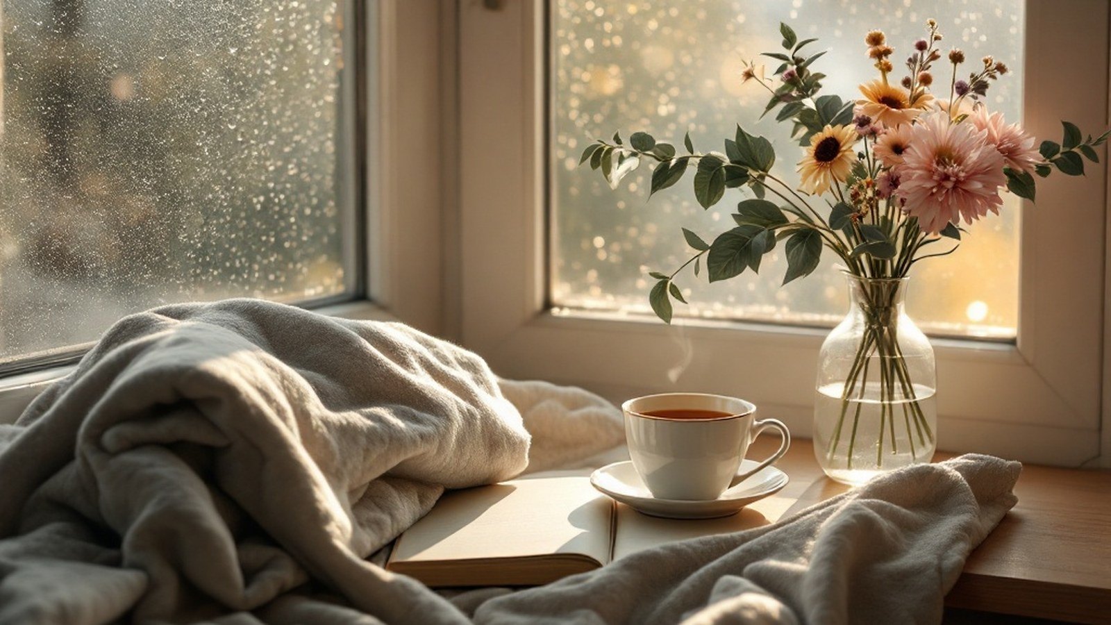 A folded blanket and a small vase of flowers on a windowsill, warm morning light