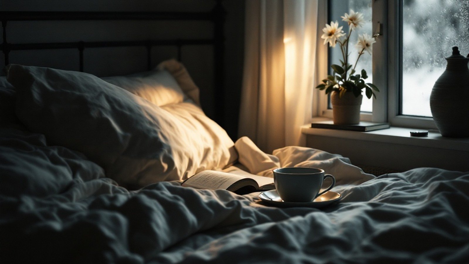 A dimly lit bedroom at night, an unmade bed and soft shadows, a sliver of lamplight