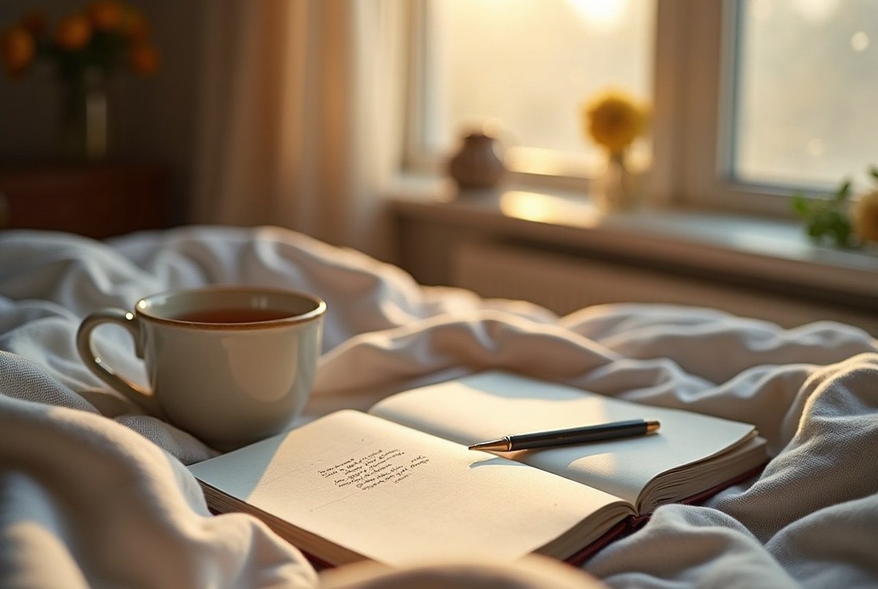 An open handwritten journal and a pen on a bed, soft golden light